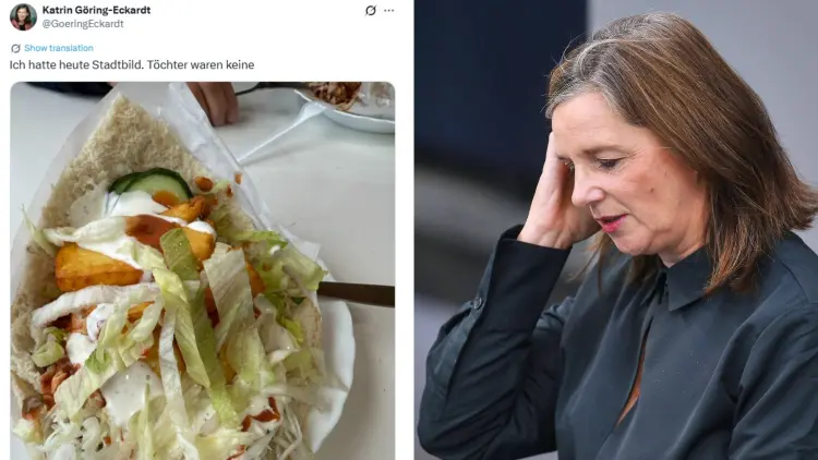 Bildmontage: Screenshot des X-Beitrags von Katrin Göring-Eckardt mit Bild von Halloumi-Döner/Katrin Göring-Eckardt bei einer Sitzung im Bundestag (Symbolbild)